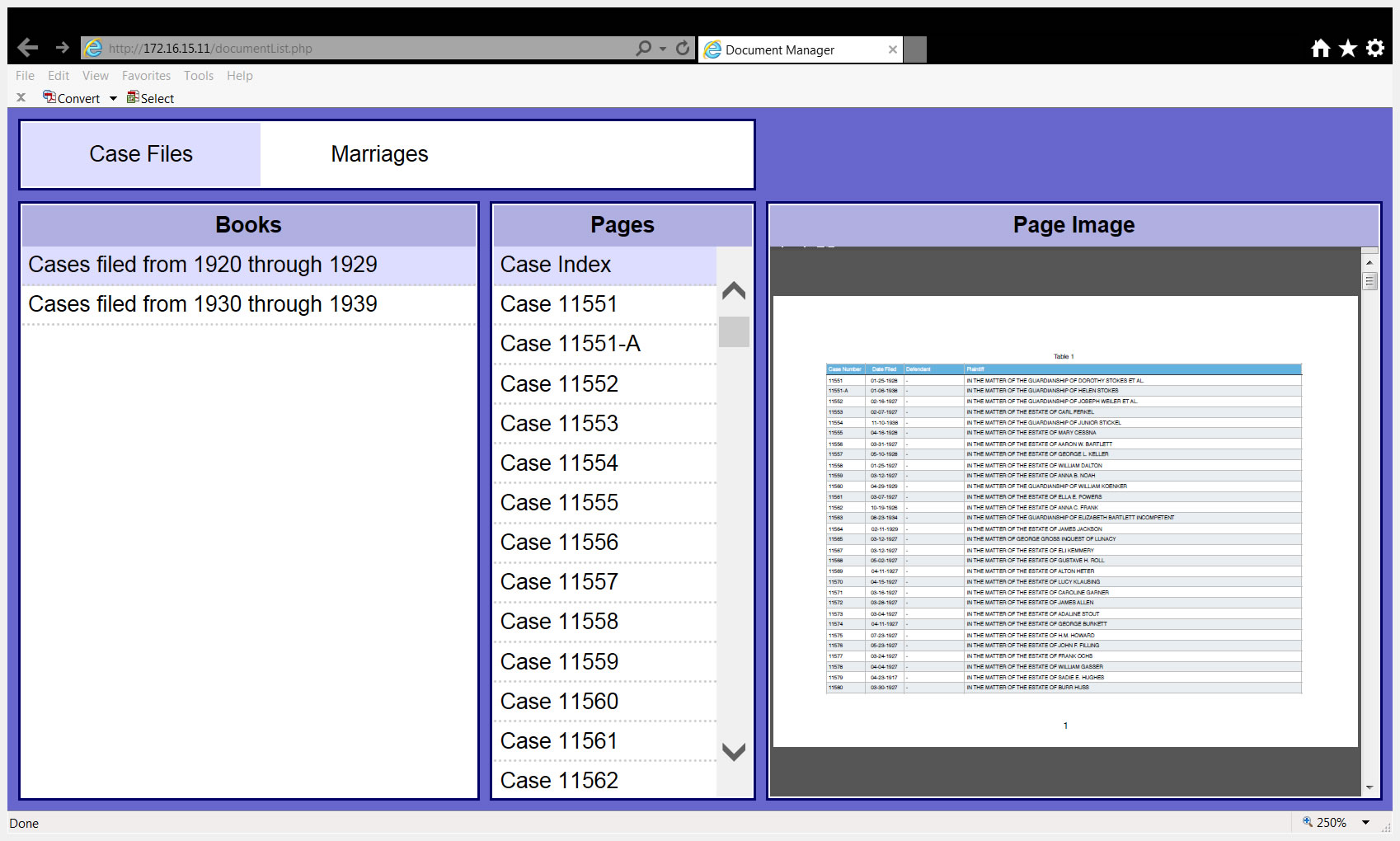 Screenshot of Henschen CMS showing Case Files tab with Pages column and index for searching by name or case type