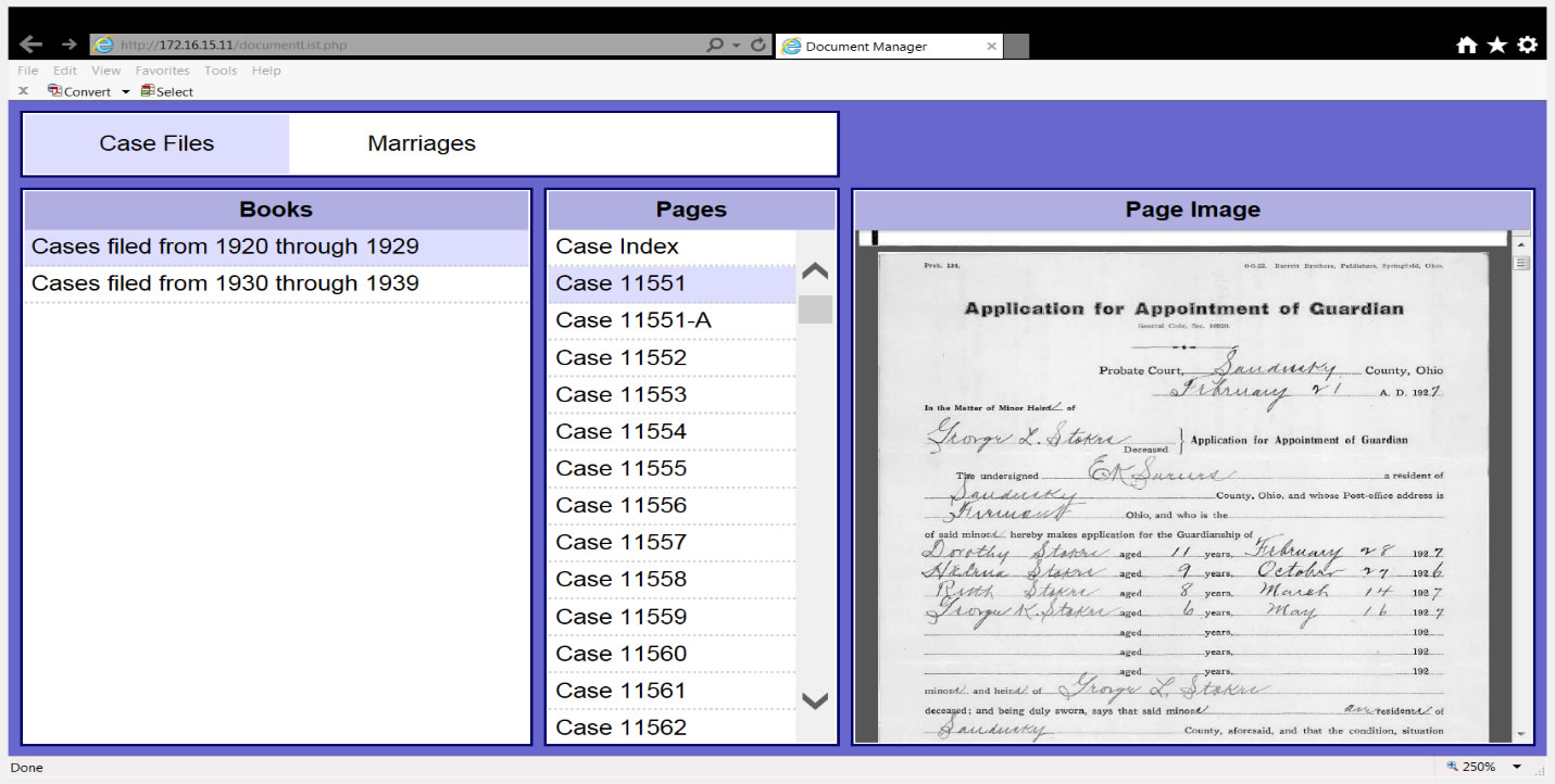 Screenshot of Henschen CMS showing list of case numbers that can be clicked directly to view records