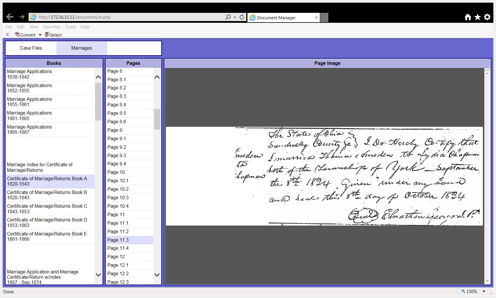 Screenshot of Henschen CMS showing Certificate of Marriage Returns Book A with page 11.3 selected