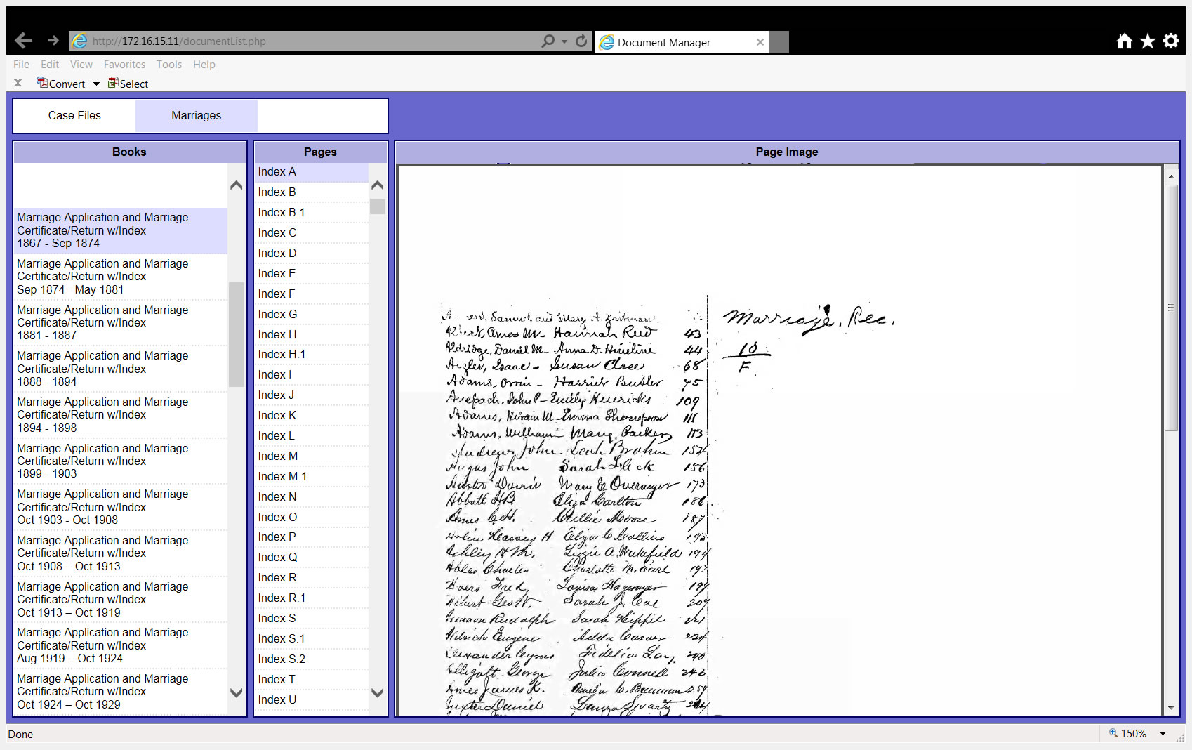 Screenshot of Henschen CMS showing Marriage tab and Books column with Marriage Application index selected