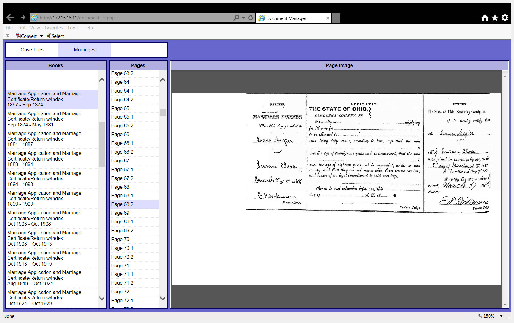 Screenshot of Henschen CMS showing Page Image column with Aigler Isaac on page 68.2